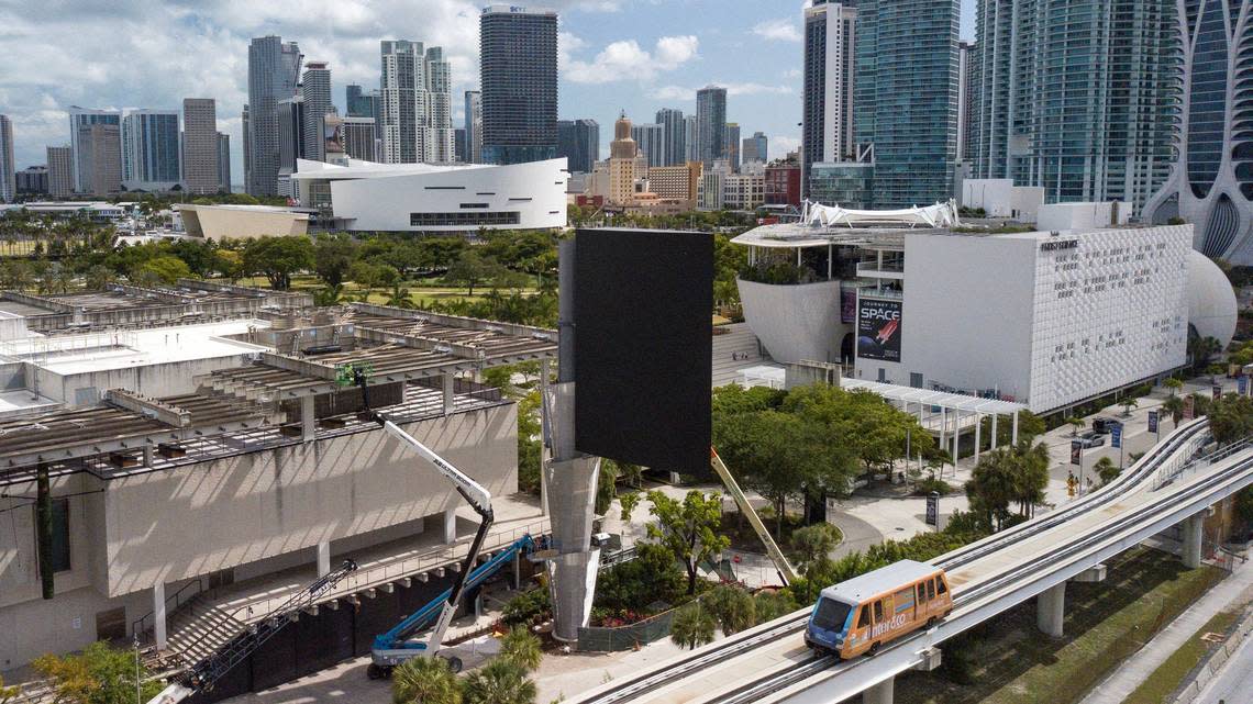 The digital billboard outside the Perez Art Museum Miami, as seen on Thursday, April 25, 2024, has been the subject of ire from downtown Miami residents and touted as a new source of revenue for the nonprofit, as well as a work of art.