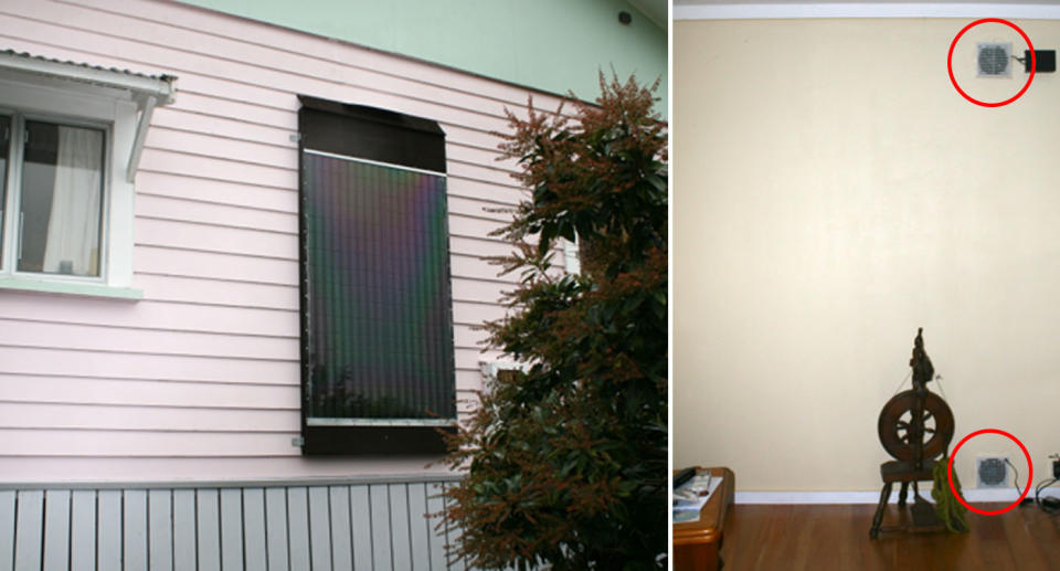 (Left) The sizeable panel attached to the eastern wall of the property and (right) the two vents which suck and blow air into the house. Source: Frugal Kiwi