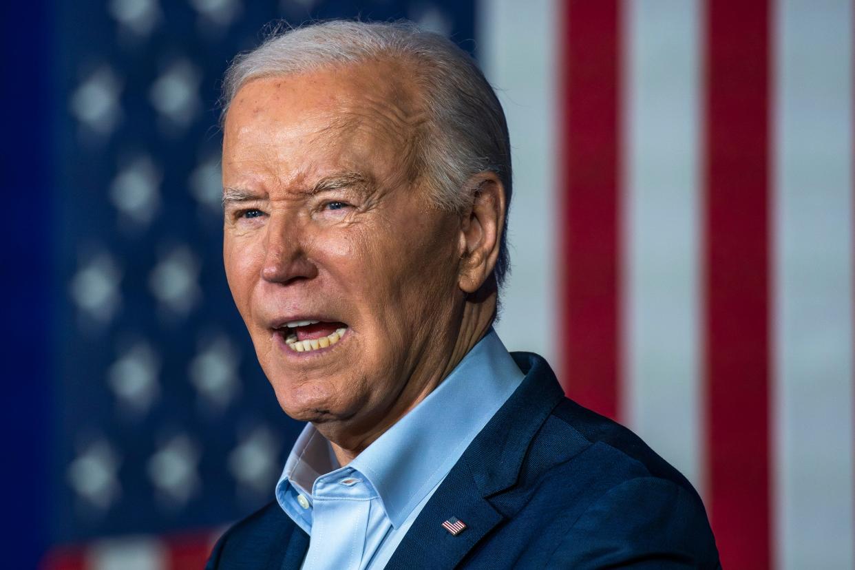 President Joe Biden gives his remarks during a campaign event for re-election on April 16, 2024 in Scranton, Pennsylvania. President Biden, who grew up in Scranton, will be in Pennsylvania for three straight days of election campaigning.