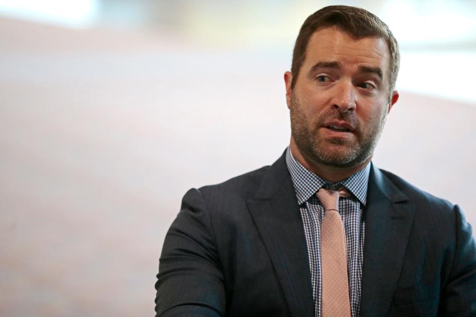 Cincinnati Bengals offensive coordinator Brian Callahan takes questions during the Cincinnati Bengals annual preseason media luncheon at Paul Brown Stadium in downtown Cincinnati on Monday, July 26, 2021.