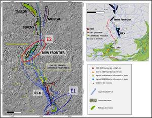 Solstice’s total land position in the northwestern extension of the Red Lake Gold Camp relative to two OGS interpreted translithospheric structures named E1 and E21,2,3. See January 10, 2022, news release for more details.