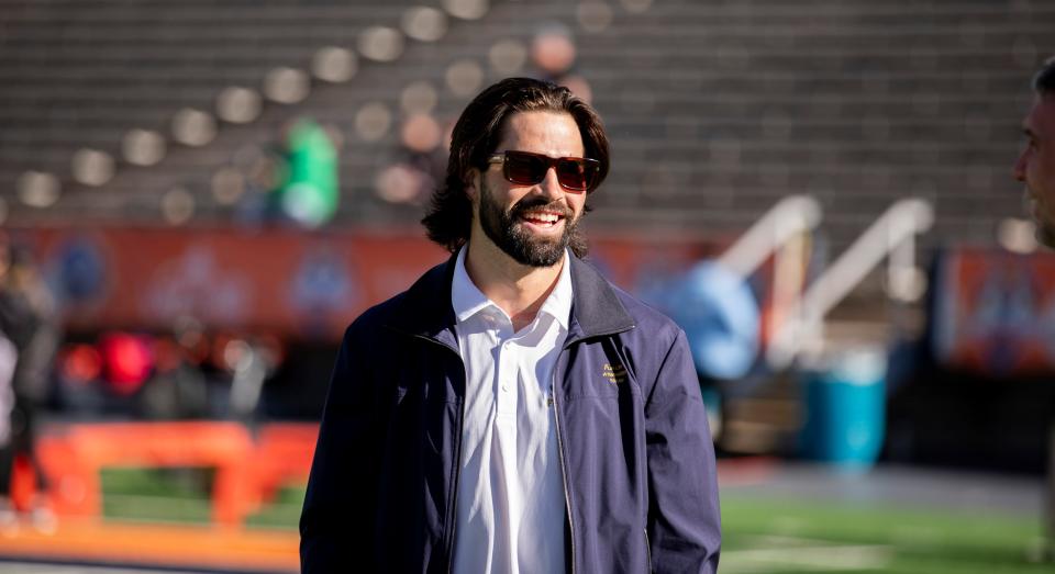 Dec 29, 2023; El Paso, TX, USA; Notre Dame Fighting Irish quarterback Sam Hartman is seen on the field pregame before his team faces the Oregon State Beavers in the Sun Bowl at Sun Bowl Stadium. Hartman opted out from playing in the game to prepare for the NFL. Mandatory Credit: Ivan Pierre Aguirre-USA TODAY Sports