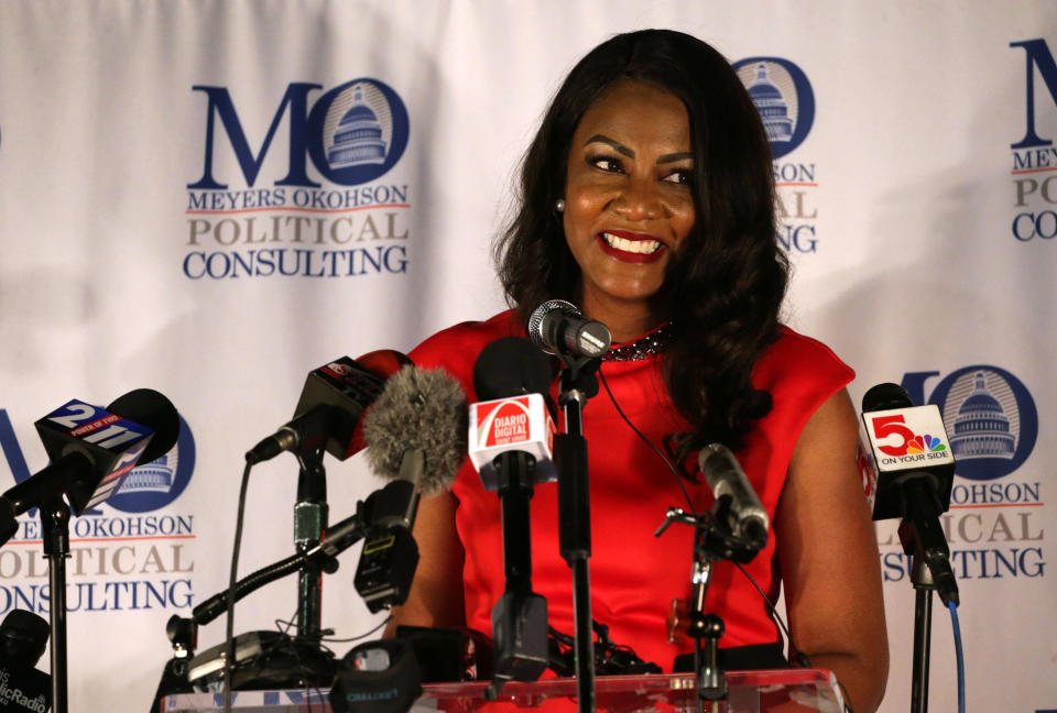 Tishaura Jones addresses her supporters during her mayoral victory party, late Tuesday, April 6, 2021, at the Omega Center in St. Louis. Jones, who has been outspoken in her criticism of the criminal justice system’s “arrest and incarcerate” model, will take over leadership of a city in the midst of yet another wave of violent crime after winning election as mayor on Tuesday. (Laurie Skrivan/St. Louis Post-Dispatch via AP)