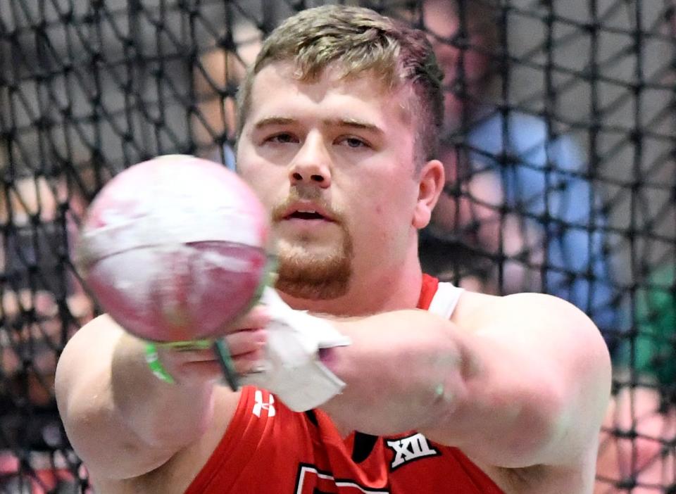 Texas Tech's Konner Wood, pictured at a 2023 home meet, finished sixth in the hammer throw Thursday at the Big 12 outdoor track and field championships in Waco.