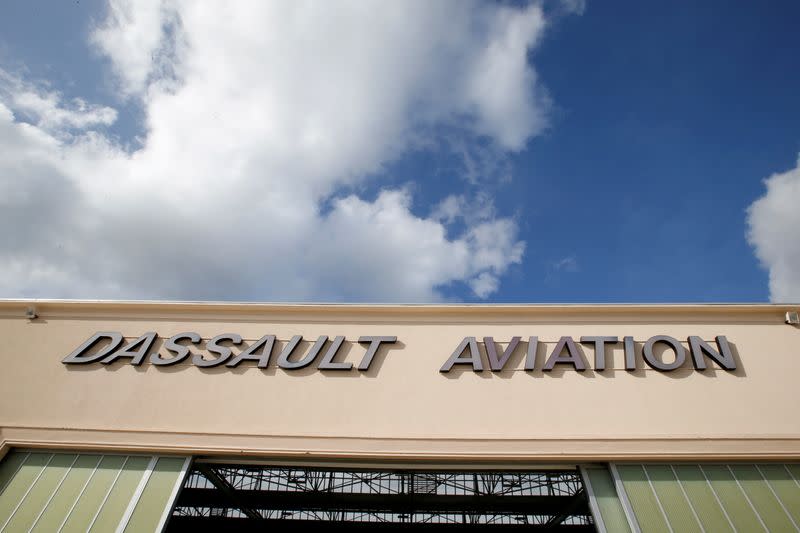 The logo of French aircraft manufacturer Dassault Aviation is seen on a hangar in Merignac