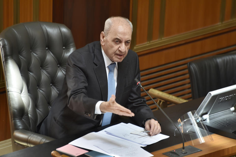 In this photo released by the Lebanese Parliament media office, Lebanese Parliament Speaker Nabil Berri, gestures during a parliament session, in Beirut, Lebanon, Tuesday, April 18, 2023. Lebanon's parliament on Tuesday postponed municipal elections for up to a year for a second time amid concerns the government would not be able to secure the needed funding in time for the polling. (Hassan Ibrahim/Lebanese Parliament media office via AP)