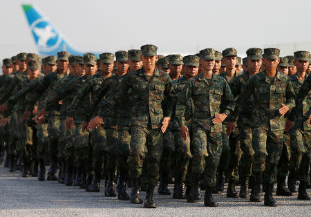 Soldiers attend opening ceremony of Cobra Gold, Asia's largest annual multilateral military exercise, outside Bangkok, Thailand February 13, 2018. REUTERS/Soe Zeya Tun