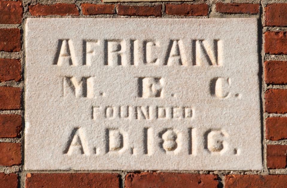 An 1816 stone above the front door signifies when the conference was formed for the African Methodist Church in Philadelphia.