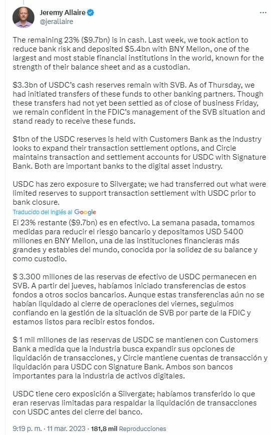 Bitcoin tuit con las explicaciones sobre SVB Financial relativas a Circle de su CEO