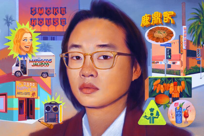 Digital painting of Jimmy O. Yang with signs from his favorite palces, chile peppers, tiki drink, karaoke, and his girlfriend