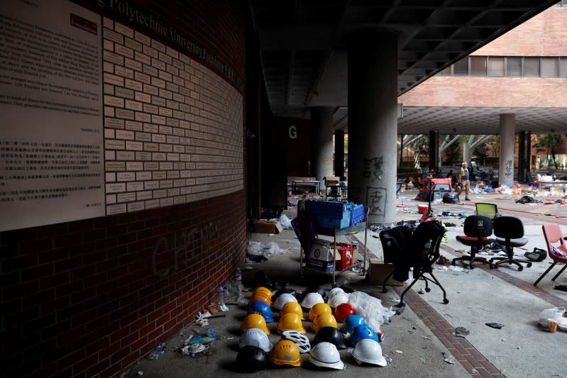 Helmets of protesters are left behind in Hong Kong Polytechnic University (PolyU) in Hong Kong