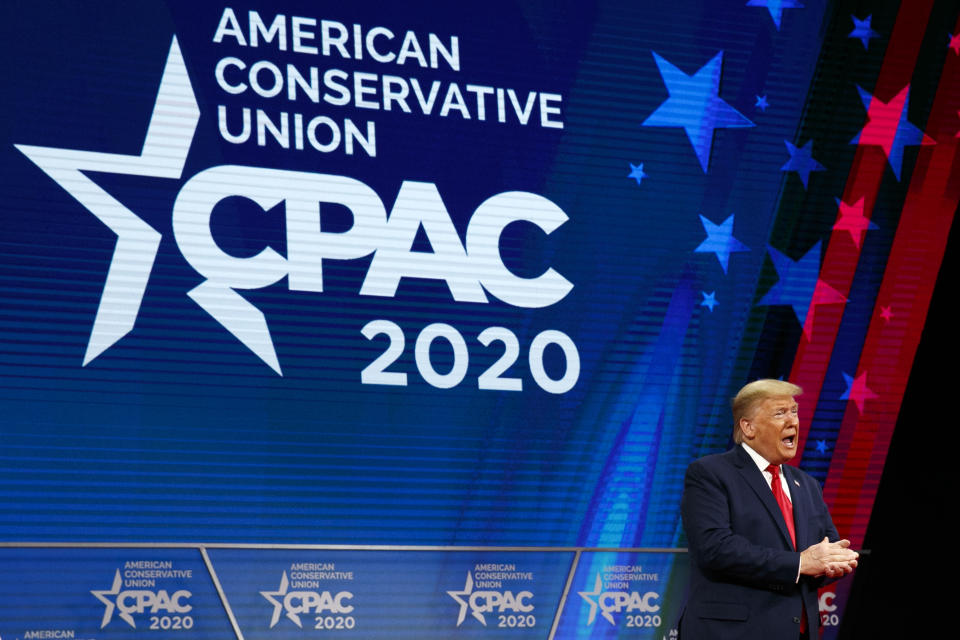 FILE - In this Feb. 29, 2020 file photo, President Donald Trump arrives to the Conservative Political Action Conference, CPAC 2020, at National Harbor, in Oxon Hill, Md. (AP Photo/Jacquelyn Martin)