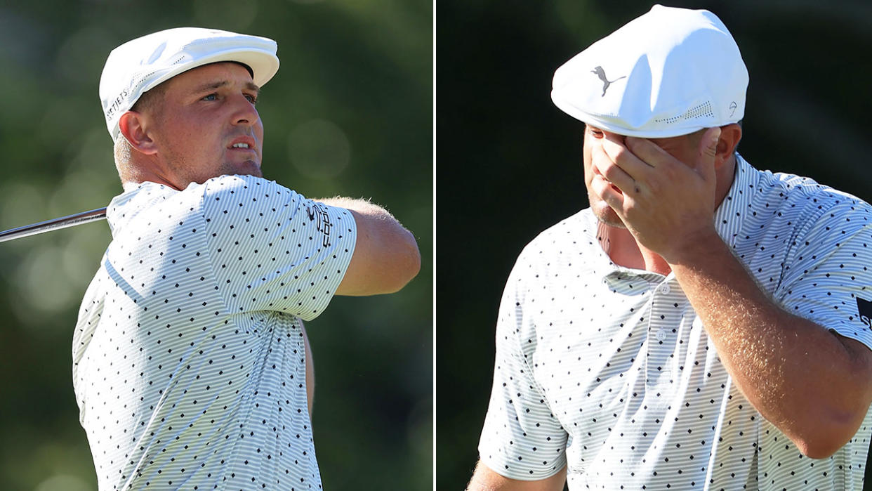 Seen here, Bryson DeChambeau cuts a frustrated figure in the second round at the Memorial.