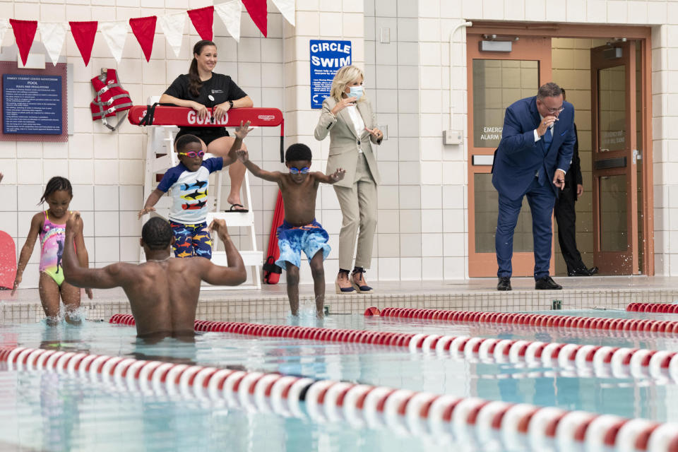 Horizons, a summer learning program offered in several U.S. cities, teaches young people to swim. First Lady Jill Biden and Education Secretary Miguel Cardona visited the New Haven site in July.