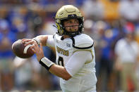 Wofford quarterback Bryce Corriston looks to pass during the first half of an NCAA college football game against the Pittsburgh in Pittsburgh Saturday, Sept. 2, 2023. (AP Photo/Gene J. Puskar)