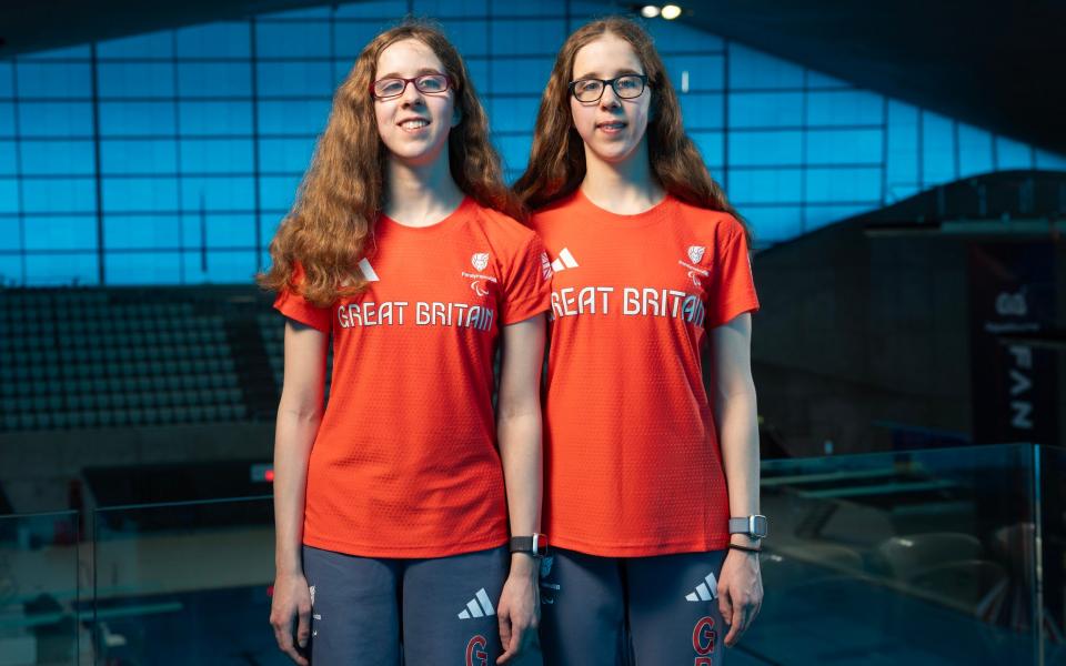 Paraolympic swimmers Scarlett and Eliza Humphrey photographed at the London Aquatic Centre.