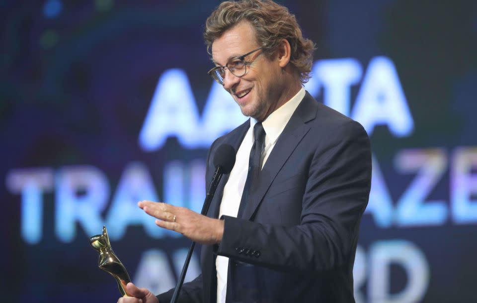 Simon Baker paid tribute to his wife as he accepted the 2017 Trailblazer AACTA Award. Source: Getty