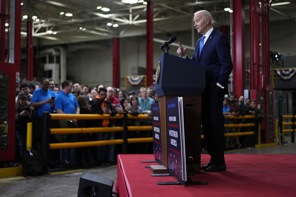 FILE - President Joe Biden speaks at the Cummins Power Generation facility in Fridley, Minn., Monday, April 3, 2023. (AP Photo/Carolyn Kaster, File)