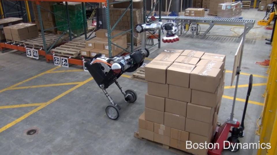 When we first met Handle the wheeled robot was hopping and jumping to show offits agility, but a new demo video from Boston Dynamics is much more practical