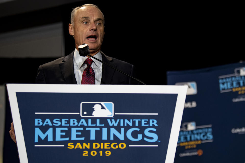 BOSTON, MA - DECEMBER 10: Major League Baseball Commissioner Rob Manfred speaks during the 2019 Major League Baseball Winter Meetings on December 10, 2019 in San Diego, California. (Photo by Billie Weiss/Boston Red Sox/Getty Images)