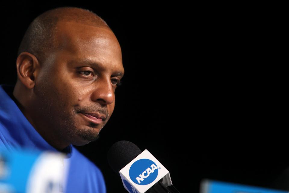 Memphis Tigers Head Coach Penny Hardaway talks to the press after their 82-78 loss to the Gonzaga Bulldogs in their second round NCAA Tournament matchup on Saturday, March 19, 2022 at the Moda Center in Portland, Ore.