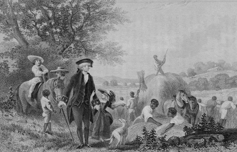 In this 1800 painting, George Washington watches over a group of enslaved Black people working in a field at Mount Vernon. <a href="https://www.gettyimages.com/detail/news-photo/american-president-george-washington-watches-over-a-group-news-photo/3438349?adppopup=true" rel="nofollow noopener" target="_blank" data-ylk="slk:Hulton Archive/Getty Images;elm:context_link;itc:0;sec:content-canvas" class="link ">Hulton Archive/Getty Images</a>