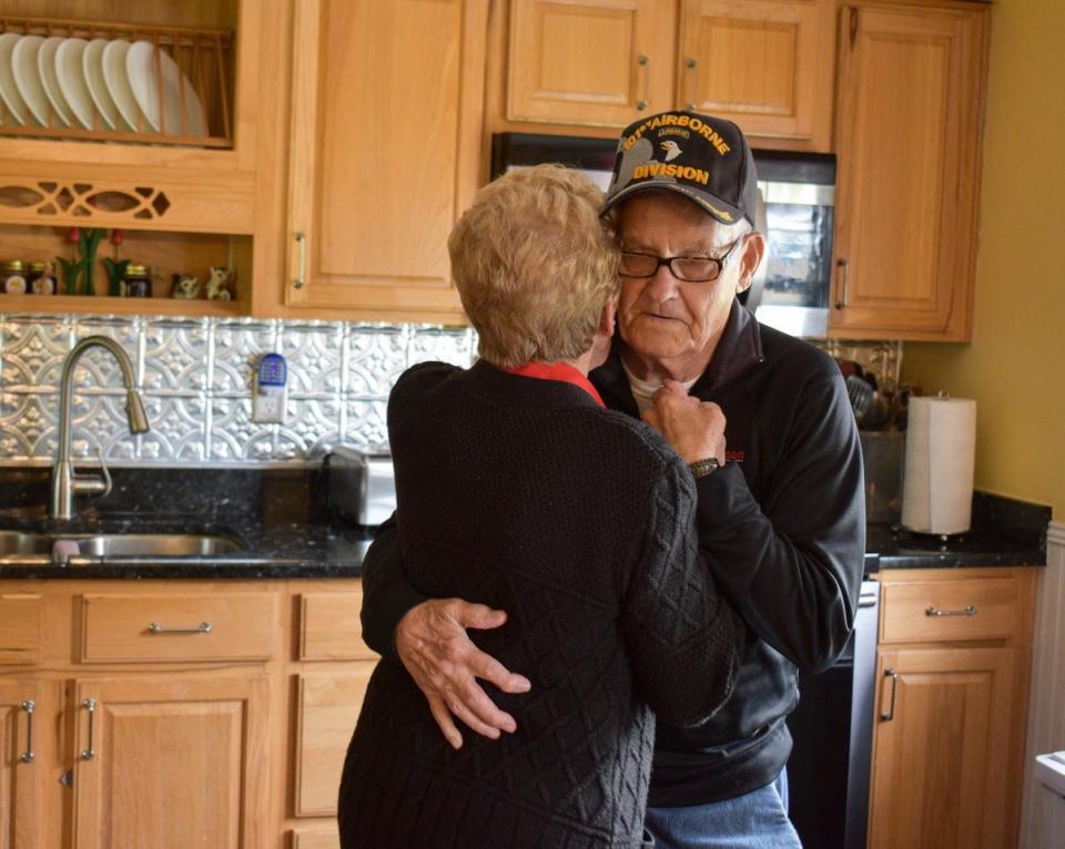 Jim and Fonda Risner still dance together after 60 years of marriage. Here, they dance to Vince Gill’s “Look at Us” in the kitchen of their Clyde home.