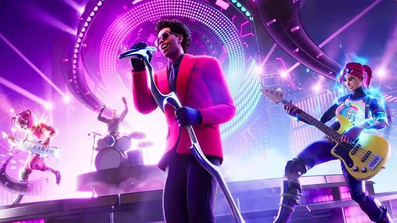 An image shows Fortnite characters performing on stage with The Weeknd. 