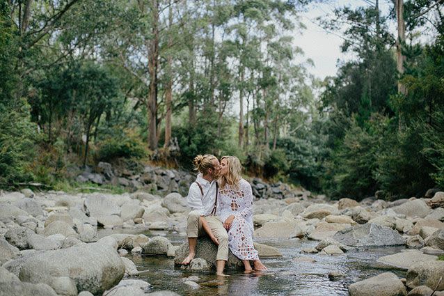 Bride and groom share a moment in the Tasmanian bush. Source: Mitch Pohl Photography
