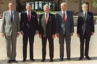 <p>The first time five U.S. presidents — George H.W. Bush, Ronald Reagan, Jimmy Carter, Gerald Ford and Richard Nixon — have gathered together to pose for a photo. This shot was taken in front of the Reagan Library in 1991 in Simi Valley, California.</p>