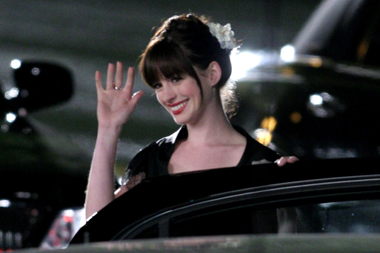 Anne Hathaway during Anne Hathaway on Location for The Devil Wears Prada - October 26, 2005 at The Museum of Natural History in New York City, New York, United States. (Photo by James Devaney/WireImage)