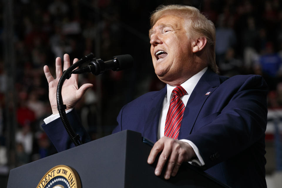 President Donald Trump speaks, Friday Feb. 28, 2020, in North Charleston, S.C., during a campaign rally. (AP Photo/Jacquelyn Martin)                                                                                                                                                                                                                                                                                                                                                                                                                                                                                                                                                                                                                            