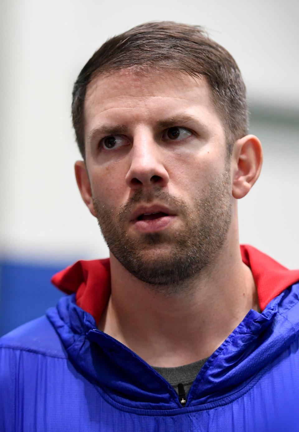New York Giants quarterback Alex Tanney talks to the media after the fourth day of OTAs on Tuesday, May 28, 2019, in East Rutherford.