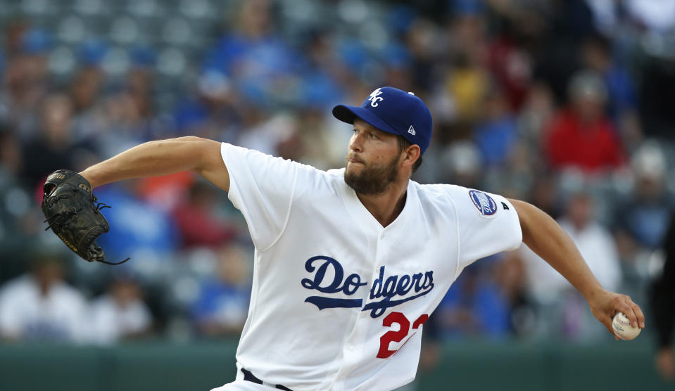 Los Angeles Dodgers' Clayton Kershaw pitches for the Oklahoma City Dodgers on a rehab assignment, in the first inning of the team's Triple-A baseball game against the San Antonio Missions on Thursday, April 4, 2019, in Oklahoma City. (AP Photo/Sue Ogrocki)