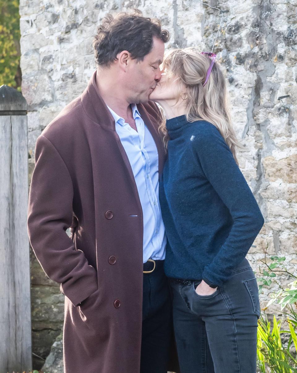 Dominic West and wife Catherine FitzGerald make a statement to press outside their Cotswolds home after Dominic was seen kissing actress Lily James whilst in Rome on October 13, 2020 in Cotswolds, England