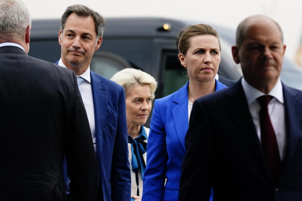 Denmark's Prime Minister Mette Frederiksen, second right, EU Commission President Ursula von der Leyen, center, German Chancellor Olaf Scholz, right, and Belgian Prime Minister Alexander De Croo at the North Sea Summit at the Port of Esbjerg, Denmark, Wednesday 18 May 2022. (Bo Amstrup/Ritzau Scanpix via AP)