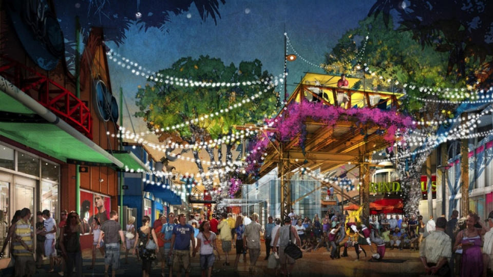 LAKE BUENA VISTA, Fla., March 12, 2013 – Disney Springs will blend the familiar with the unexpected throughout its four outdoor neighborhoods including the West Side (as shown in this conceptual rendering) which will provide an exuberant atmosphere with lively entertainment, along with a series of new elevated spaces that provide both shade and an overlook to the activity below.