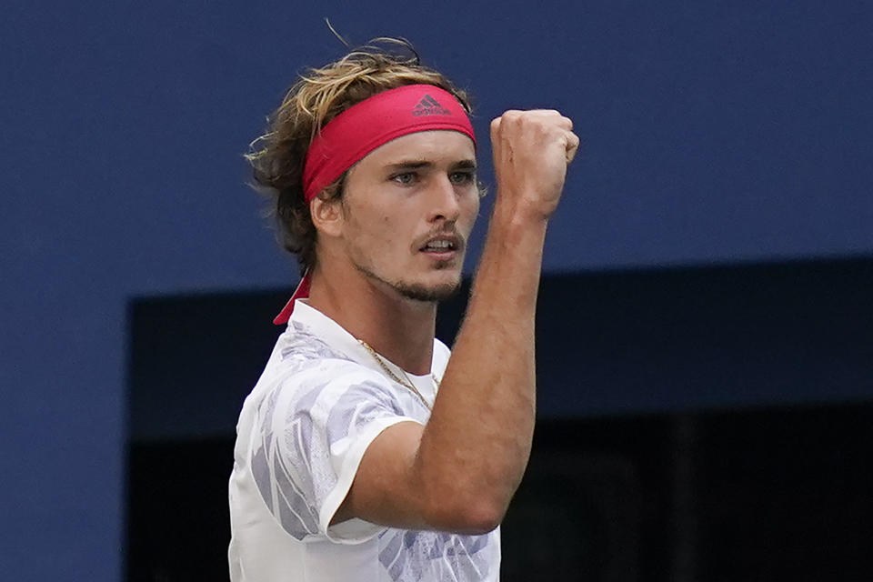 Alexander Zverev, of Germany, reacts during a match against Borna Coric, of Croatia, during the quarterfinals of the US Open tennis championships, Tuesday, Sept. 8, 2020, in New York. (AP Photo/Seth Wenig)