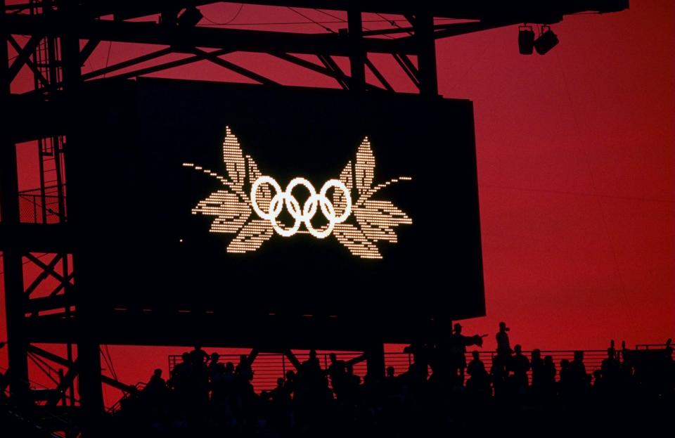 A picture of the Olympic Sign on the score board during Opening Ceremonies of the 1996 Olympic Games in the Olympic Stadium in Atlanta, Georgia.