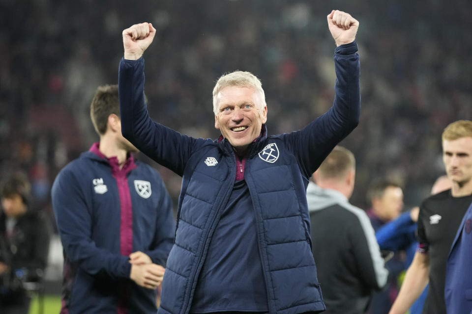 West Ham's head coach David Moyes celebrates after the Conference League second leg semifinal soccer match between AZ Alkmaar and West Ham United at the AZ stadium in Alkmaar, Netherlands, Thursday, May 18, 2023. (AP Photo/Peter Dejong)