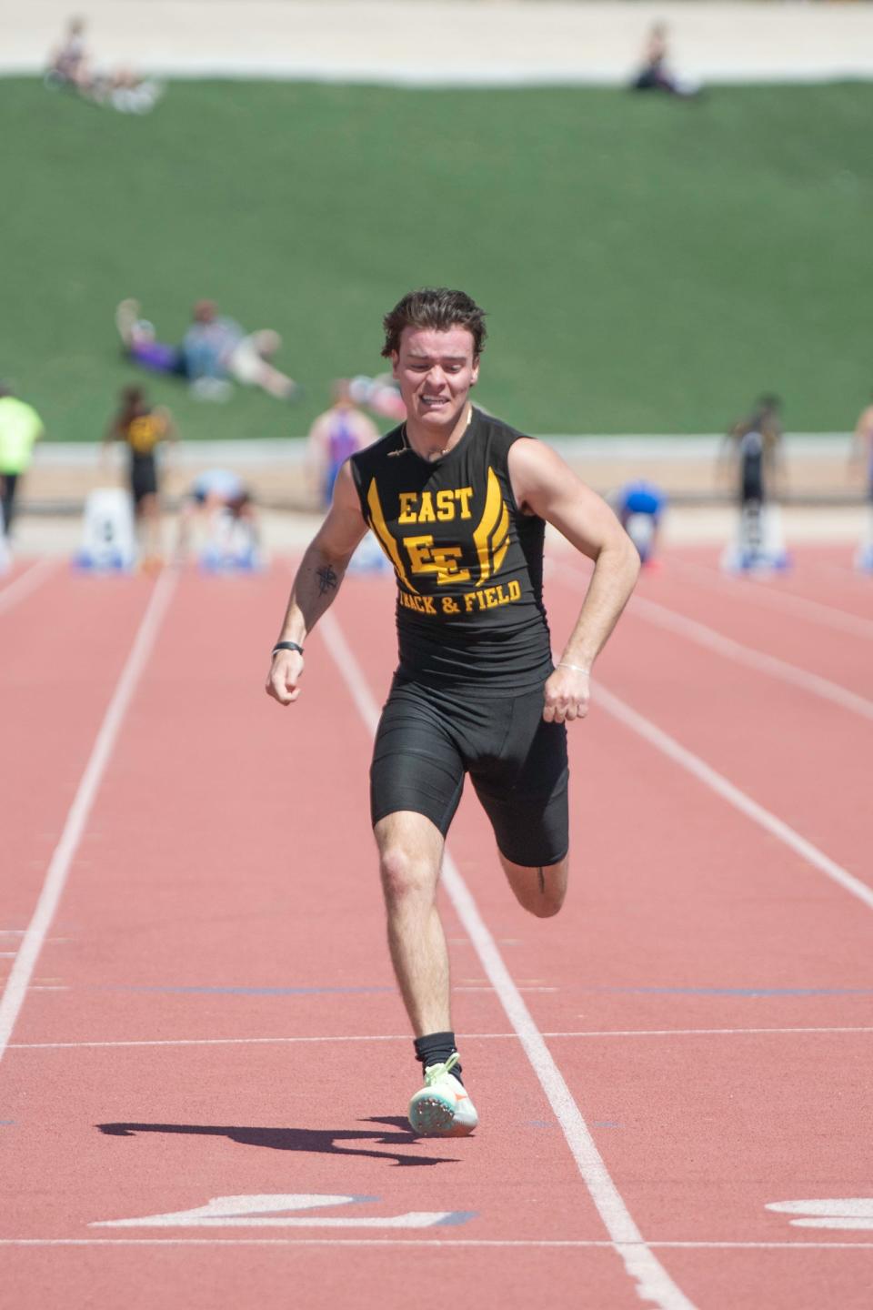 Pueblo East's Rocco Rowell makes his way to the finish line of the 100-yard dash during a track meet at Colorado State University Pueblo on Saturday, March 8, 2023.