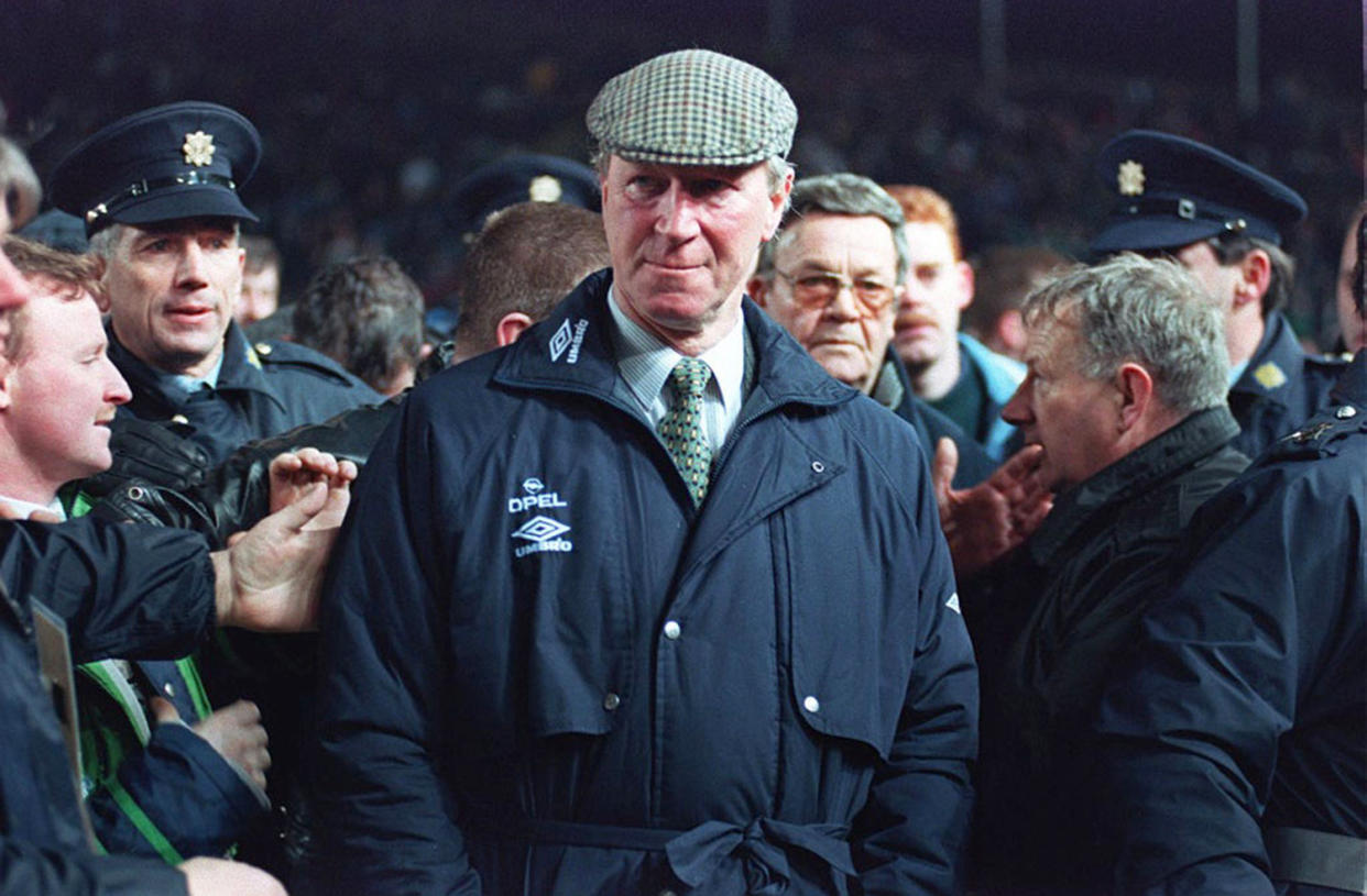 FILE - Feb. 15, 1995 file photo of Ireland soccer team manager Jack Charlton. Jack Charlton, who won the World Cup with England in 1966, has died it was announced on Saturday July 11, 2020. He was 85. (PA via AP)