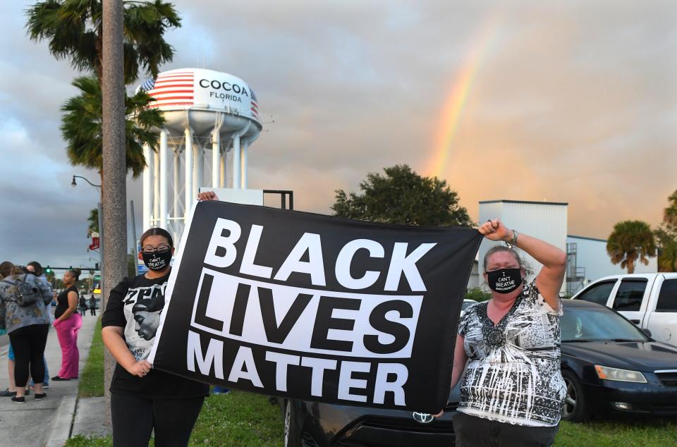  A rainbow appeared towards the end of the rally. Over 200 people participated in a rally and march at the intersection of King Street (State Road 520) and U.S. 1 in Cocoa, in the wake of a Brevard County Sheriff's Office deputy involved shooting that resulted in the deaths of two teenagers.