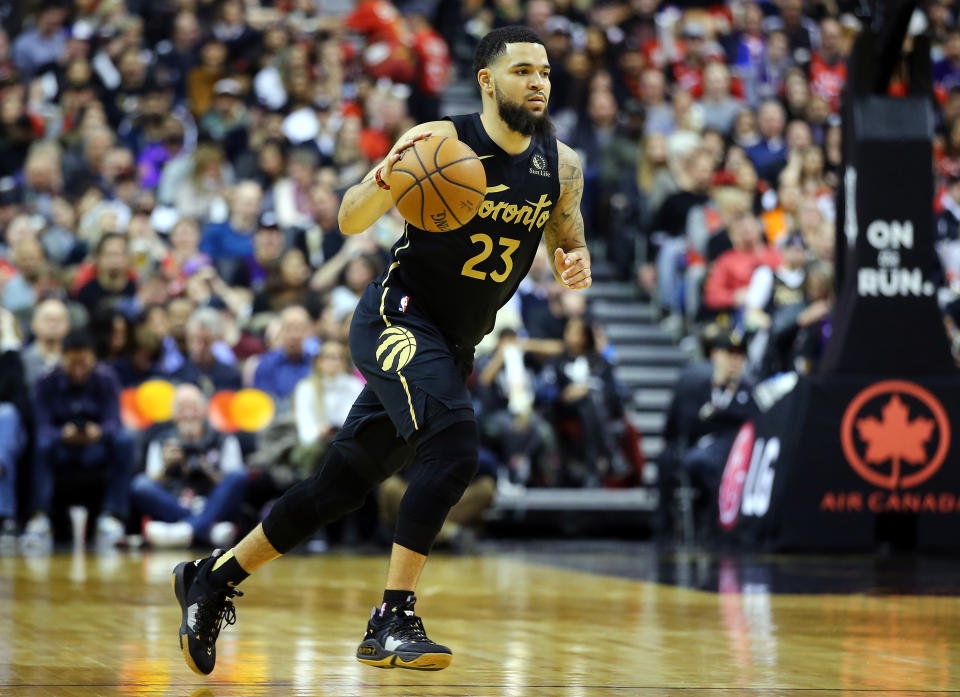 TORONTO, ON - FEBRUARY 21:  Fred VanVleet #23 of the Toronto Raptors dribbles the ball during the first half of an NBA game against the Phoenix Suns at Scotiabank Arena on February 21, 2020 in Toronto, Canada.  NOTE TO USER: User expressly acknowledges and agrees that, by downloading and or using this photograph, User is consenting to the terms and conditions of the Getty Images License Agreement.  (Photo by Vaughn Ridley/Getty Images)