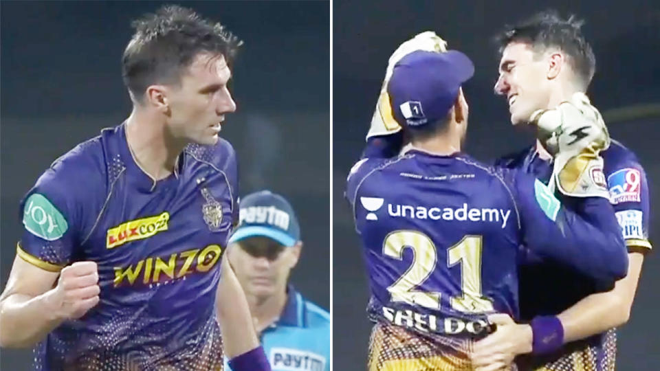 Seen here, Pat Cummins celebrates a wicket for Kolkata in the IPL. 