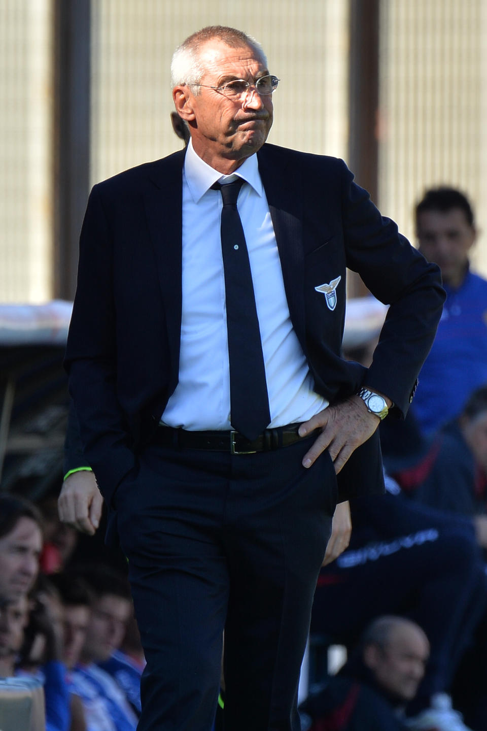 Lazio coach Edoardo Reja follows the game during the Serie A soccer match between Catania and Lazio at the Angelo Massimino stadium in Catania, Italy, Sunday, Feb. 16, 2014. (AP Photo/Carmelo Imbesi)