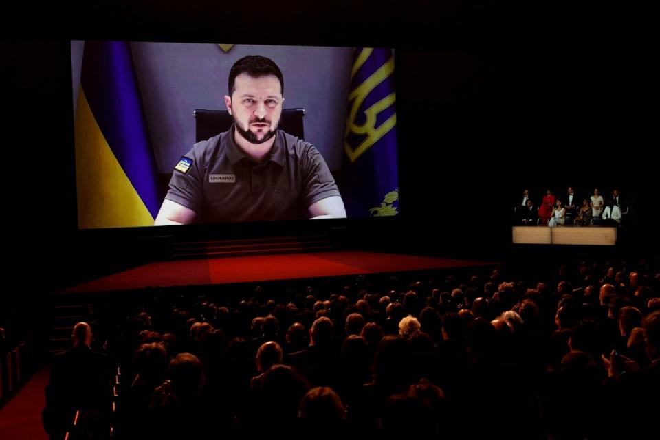 Ukraine's president Volodymyr Zelensky delivers a video address at the 75th Cannes on 17 May 2022 (Reuters)