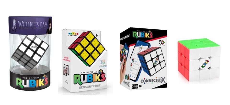 Upcoming products for Rubik's Cube 50th anniversary, from L to R: Wednesday Addams official Rubik's Cube, the official Rubik's Sensory Cube, Rubik's Connected X, and the Rubik's 3x3 Speed Cube.