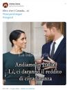 Harry e Meghan, almeno su Twitter, stanno già subendo le prime conseguenze della loro indipendenza: il duca di Sussex si è trasformato in un dipendente di McDonald's ed è alla ricerca di un nuovo impiego su Linkedin. Anche Greta cinguetta la sua e Maria De Filippi potrebbe far riappacificare l'intera famiglia reale a "C'è Posta per te". Il tutto mentre la giovane coppia inglese pensa di cambiare destinazione: non più il Canada, ma l'Italia sperando nel redditto di cittadinanza.