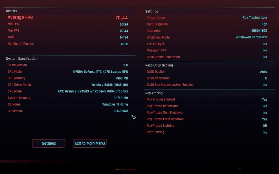 Cyberpunk 2077 benchmarks for Razer Blade 14 (2024) at low ray tracing settings.